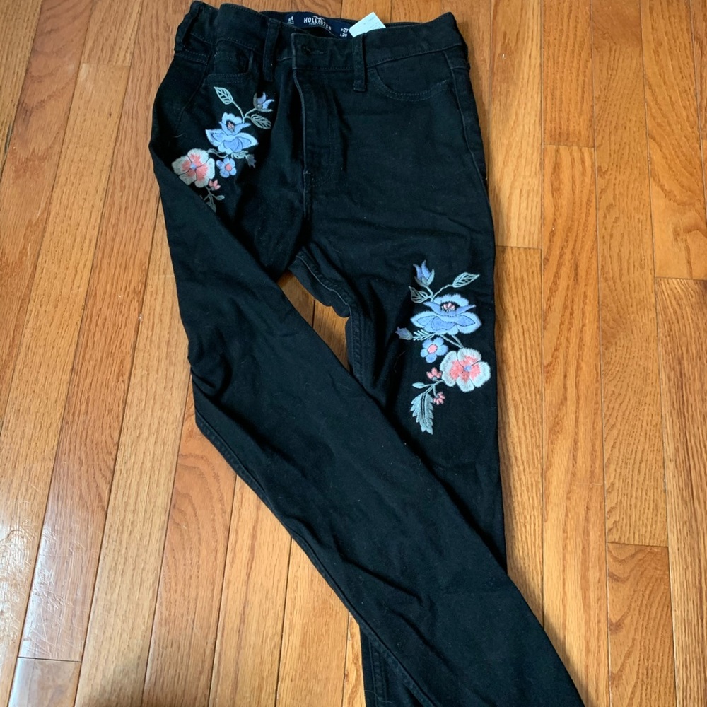 black embroidered jeans